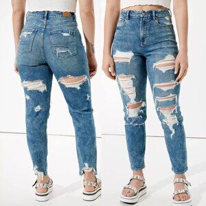 AMERICAN EAGLE AE Stretch Ripped Mom Jean Acid Wash High Waisted Cropped 0 LONG
